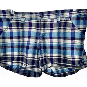 OTB One Tuff Babe Juniors 9 Plaid Shorts Pockets Gray Blue Purple "Soft-Stretch"